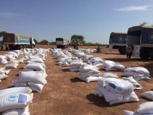 An image showing humanitarian aid waiting to be delivered to local communities.
